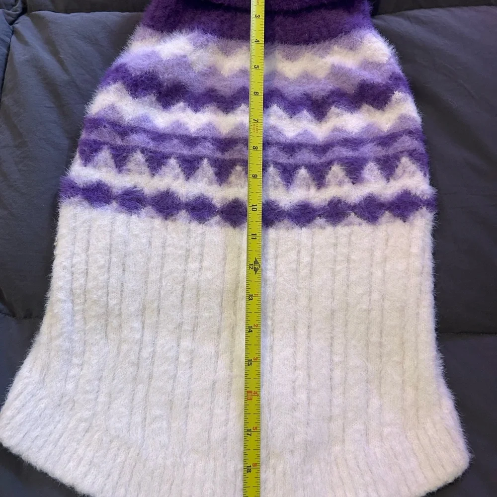 Fuzzy Purple & White XL Dog Sweater – Soft Knit Winter Pet Clothing